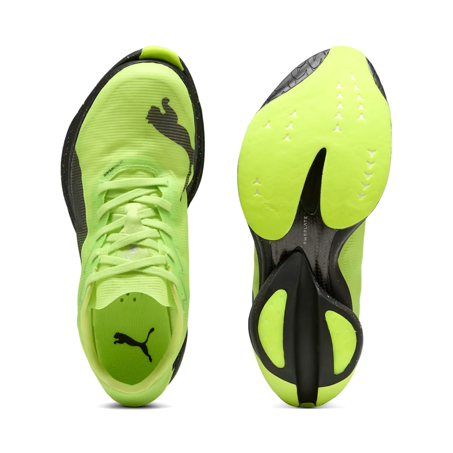 A pair of Women’s Fast-R NITRO Elite 3 Running Shoes by Puma in Sunny Lime and Puma Black is shown from above and below, featuring bold black Puma logos and black detailing on the outsole and heel. Engineered with advanced NITROFOAM ELITE cushioning, these marathon racing shoes deliver outstanding comfort and performance for long-distance runners.