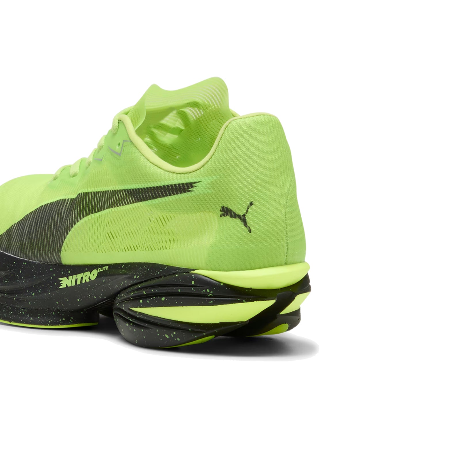 A close-up of the heel and midsole of the Women’s Fast-R NITRO Elite 3 Running Shoes in Sunny Lime and Puma Black by Puma, showcasing advanced NITROFOAM ELITE cushioning and a speckled black sole, set against a white background.