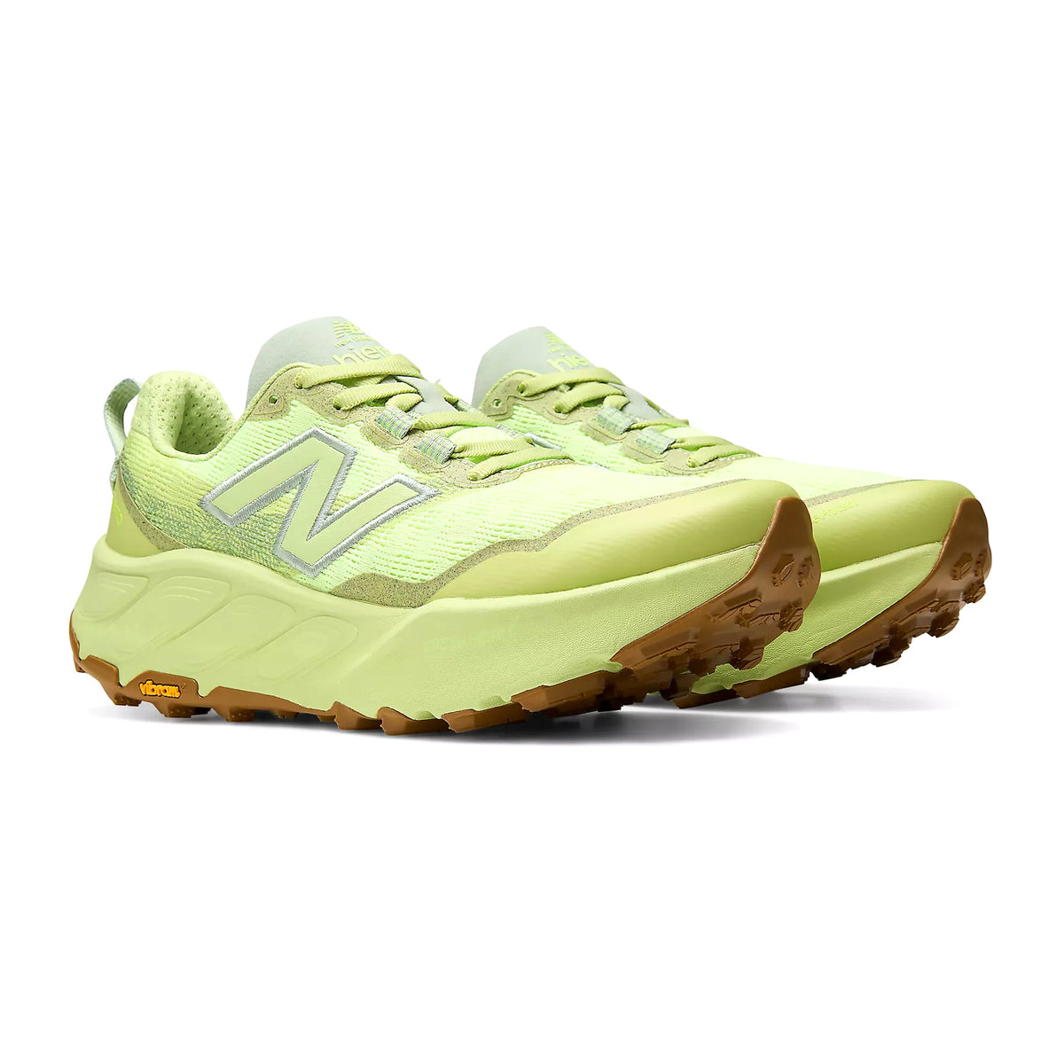 Women's New Balance Fresh Foam X Hierro v9 Trail Running Shoes lime green angled side view showing Fresh Foam X cushioning, Vibram Megagrip outsole and protective trail construction