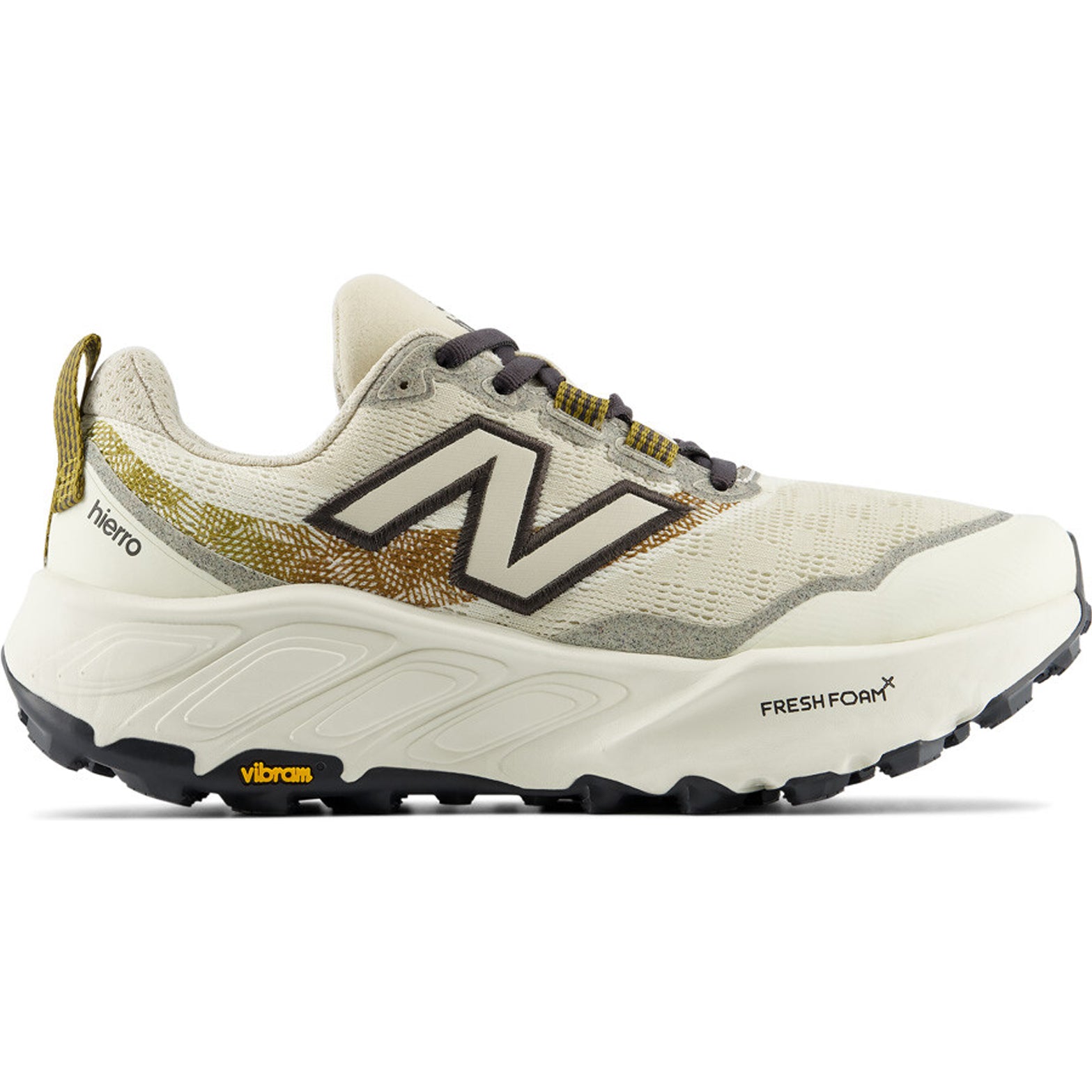 Women's New Balance Fresh Foam X Hierro v9 Trail Running Shoes Angora Basil Oil outer side view showing Fresh Foam X dual-density midsole with Vibram Megagrip lugged outsole for cushioned technical trail running