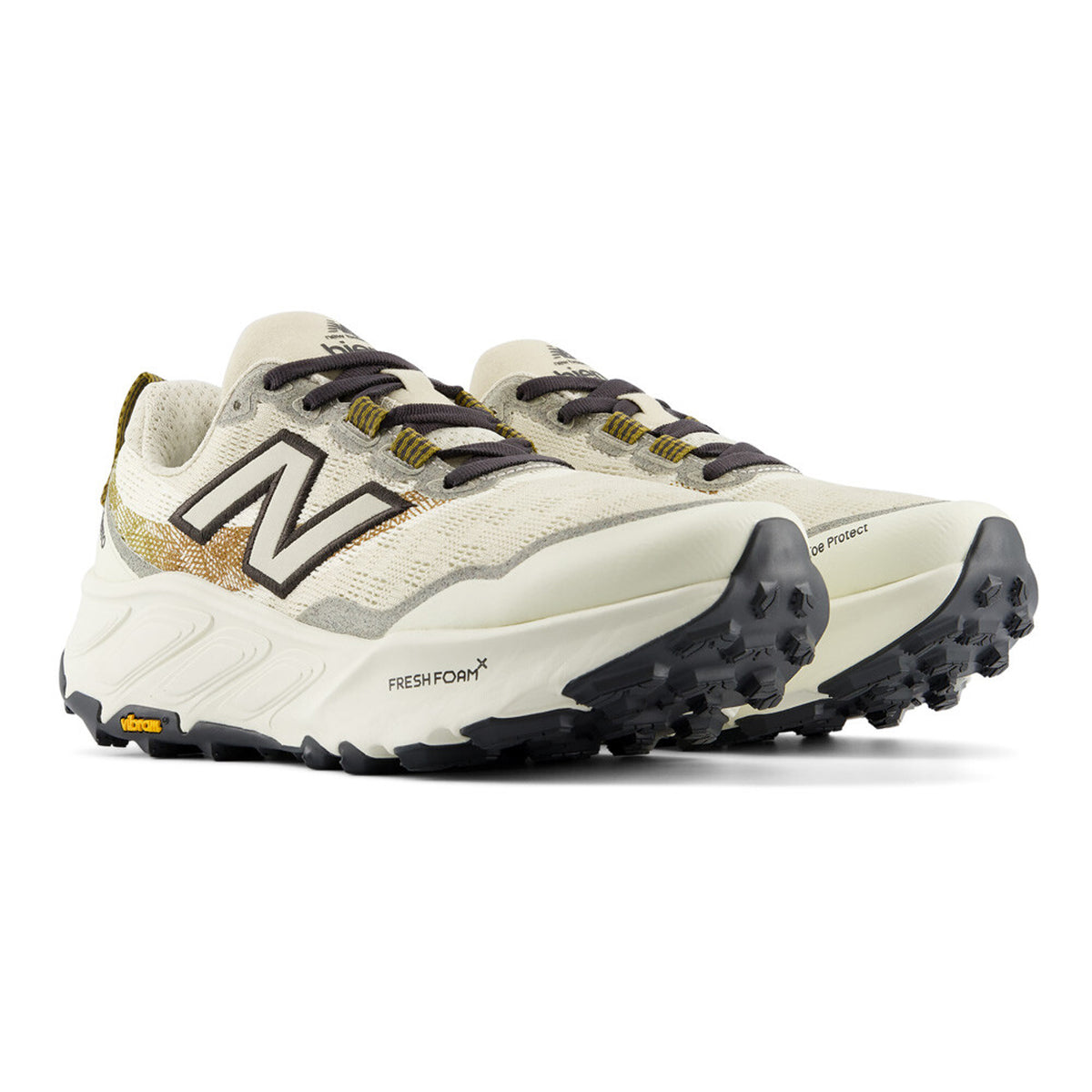 Women's New Balance Fresh Foam X Hierro v9 Trail Running Shoes Angora Basil Oil angled side view of pair showing dual-density Fresh Foam X midsole with Vibram Megagrip 6mm lugs and knit upper for maximum cushioned protection on adventurous trail terrain