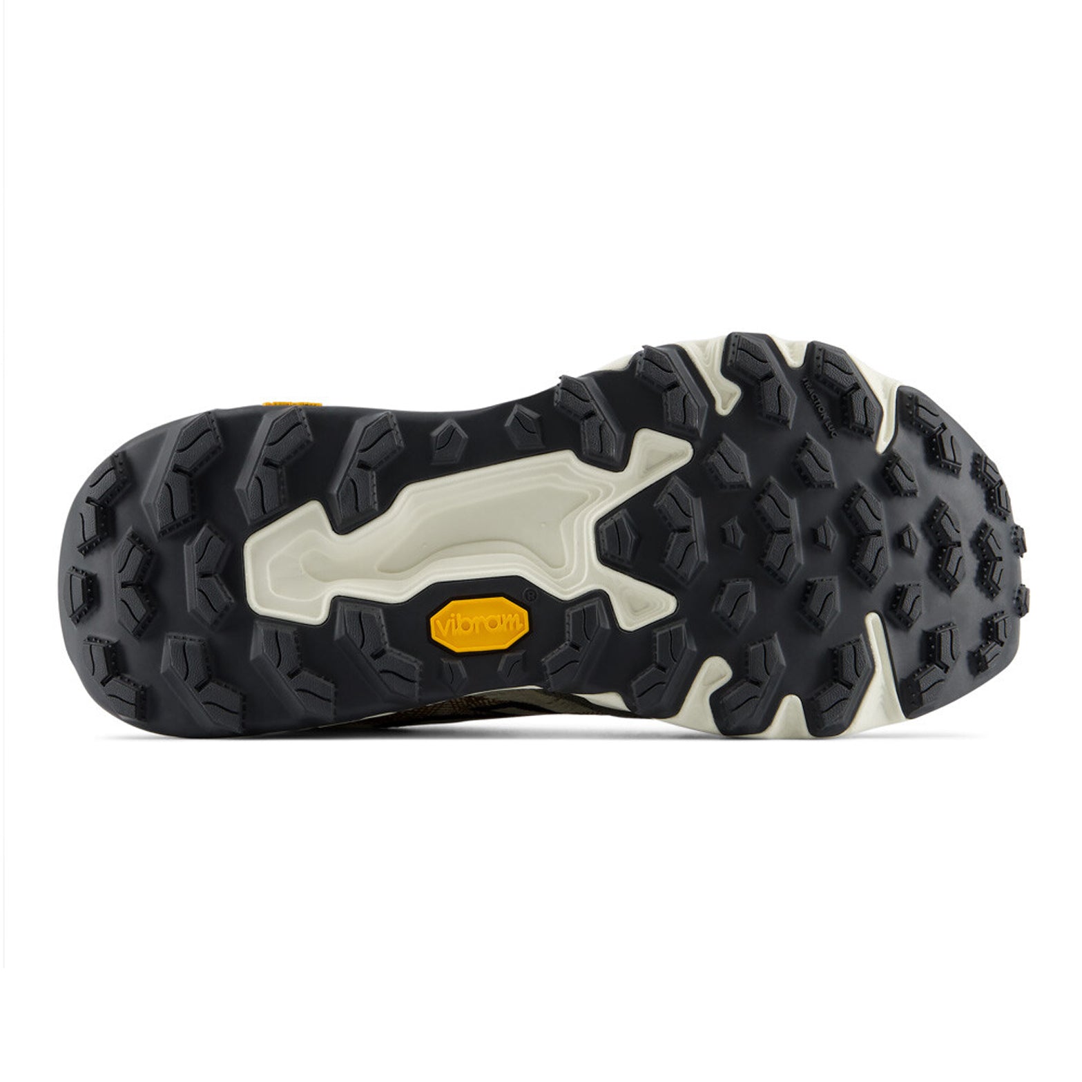 Women's New Balance Fresh Foam X Hierro v9 Trail Running Shoes Angora Basil Oil sole view displaying Vibram Megagrip outsole with revamped tread pattern and 6mm lugs for exceptional traction on varied trail surfaces