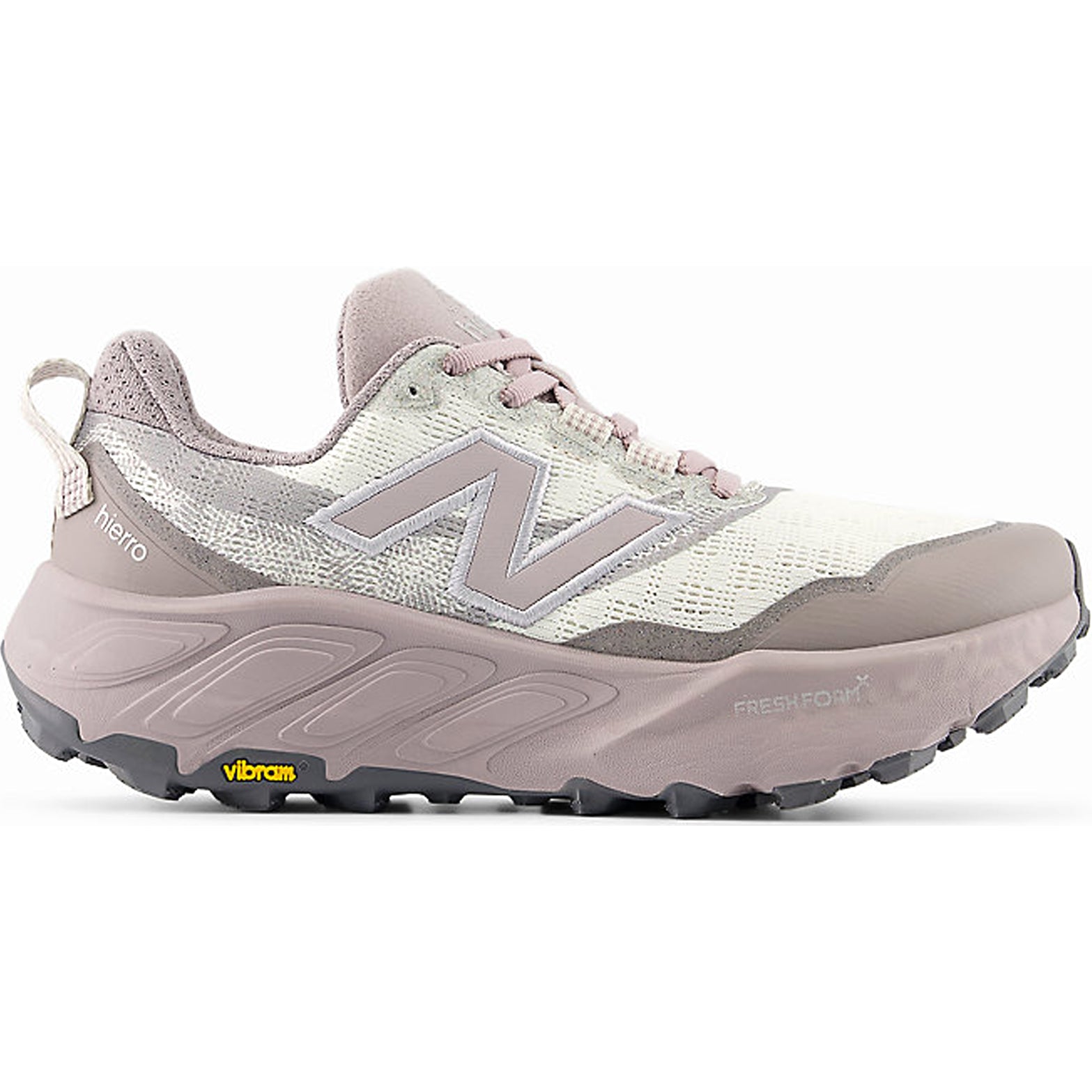 New Balance Fresh Foam X Hierro v9 women's trail running shoes in Sea Salt Truffle Salt outer side view showing dual-density cushioning and Vibram Megagrip outsole