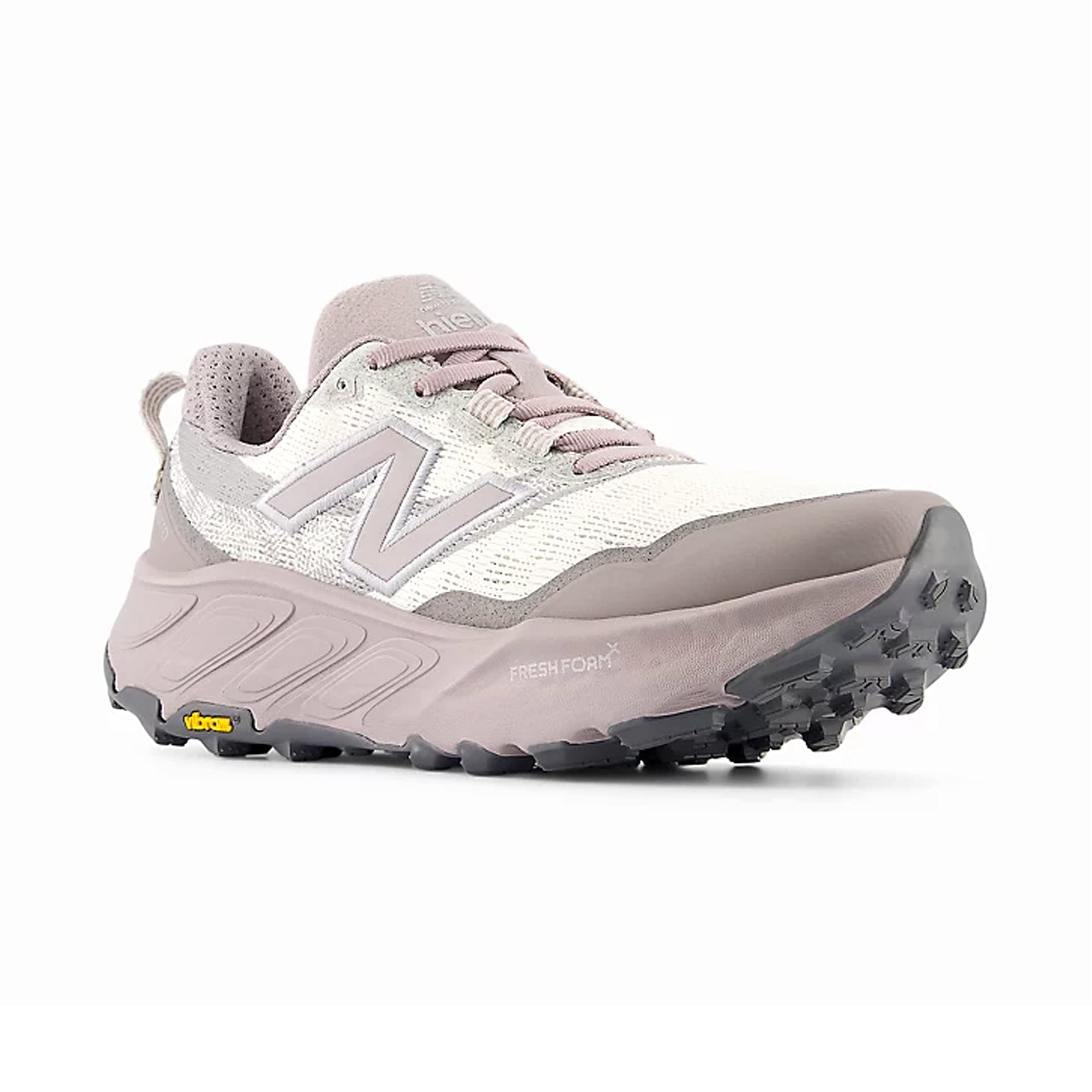 New Balance Fresh Foam X Hierro v9 Sea Salt Truffle Salt outer angle view highlighting Vibram Megagrip outsole with 6mm lugs for technical trail traction