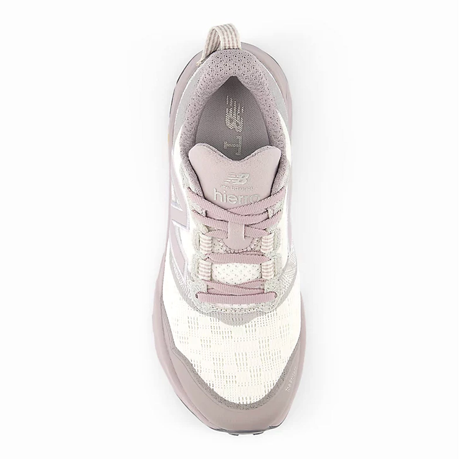 New Balance Fresh Foam X Hierro v9 women's trail shoes Sea Salt Truffle Salt top view showing knit upper with Toe Protect technology