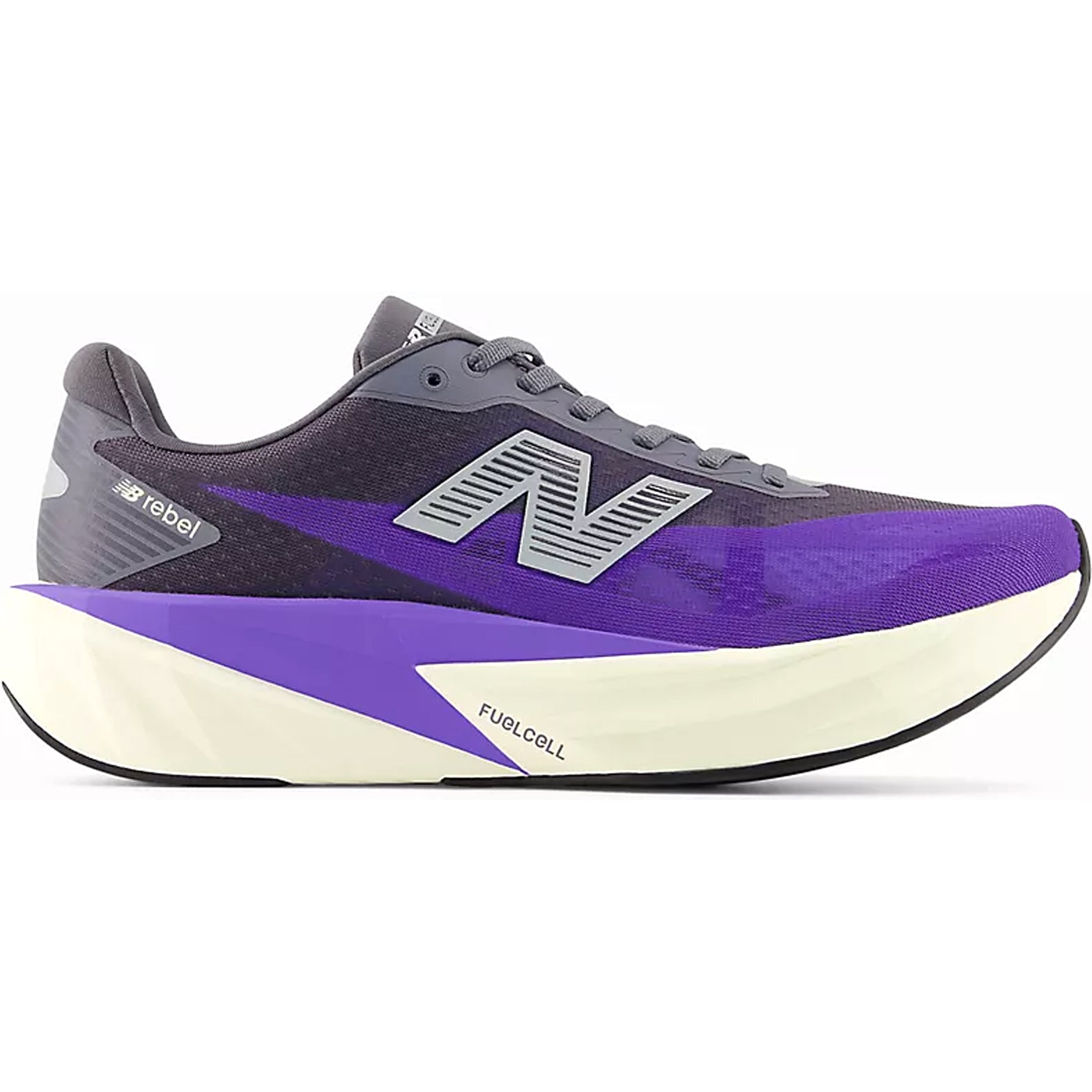 New Balance FuelCell Rebel v5 women's running shoes in Electric Indigo Truffle Salt Silver Metallic outer side view showing FuelCell midsole and geometric design