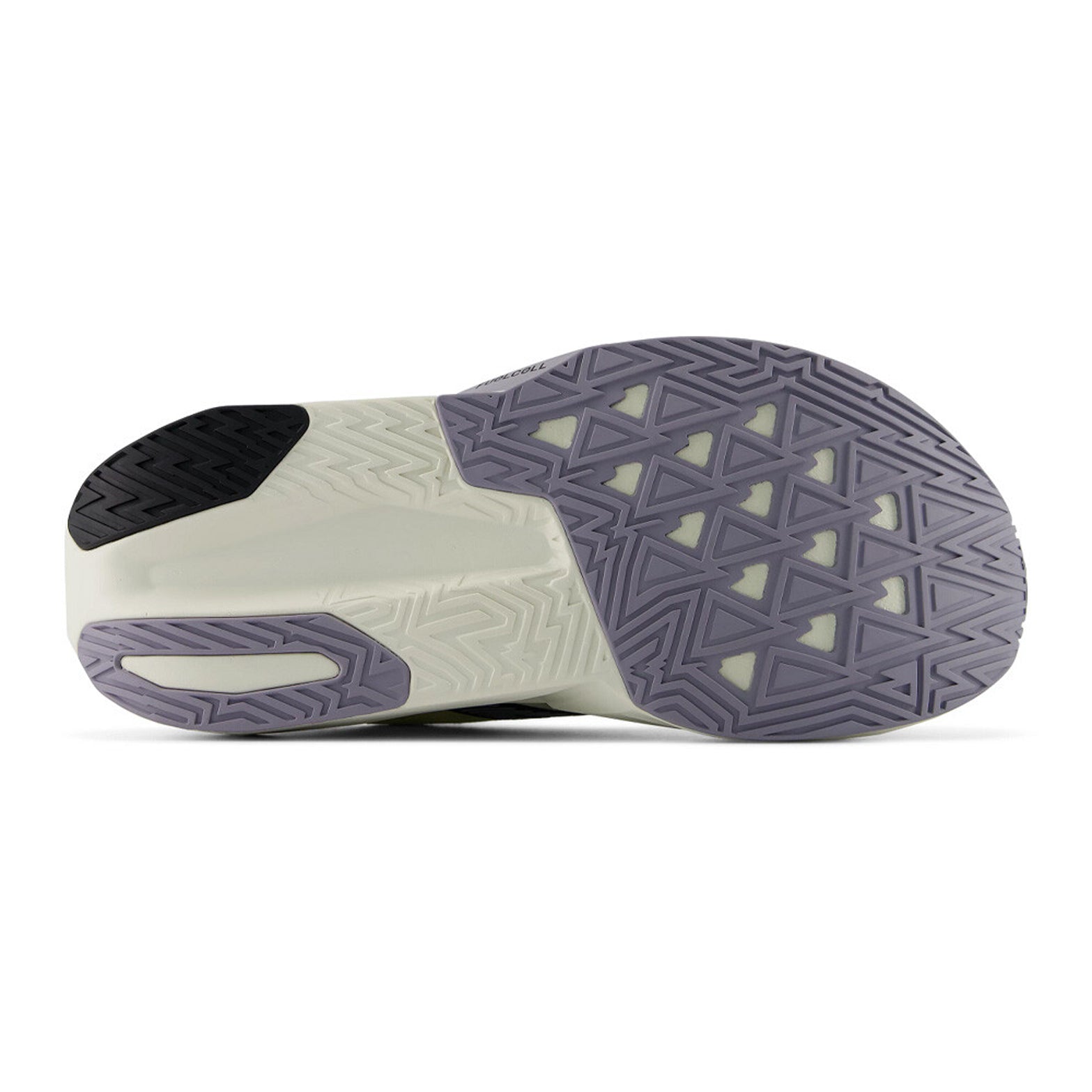 Women's New Balance FuelCell Rebel v5 Running Shoes Pistachio Butter Sea Salt sole view displaying redesigned outsole with increased forefoot rubber for enhanced durability during faster-paced running