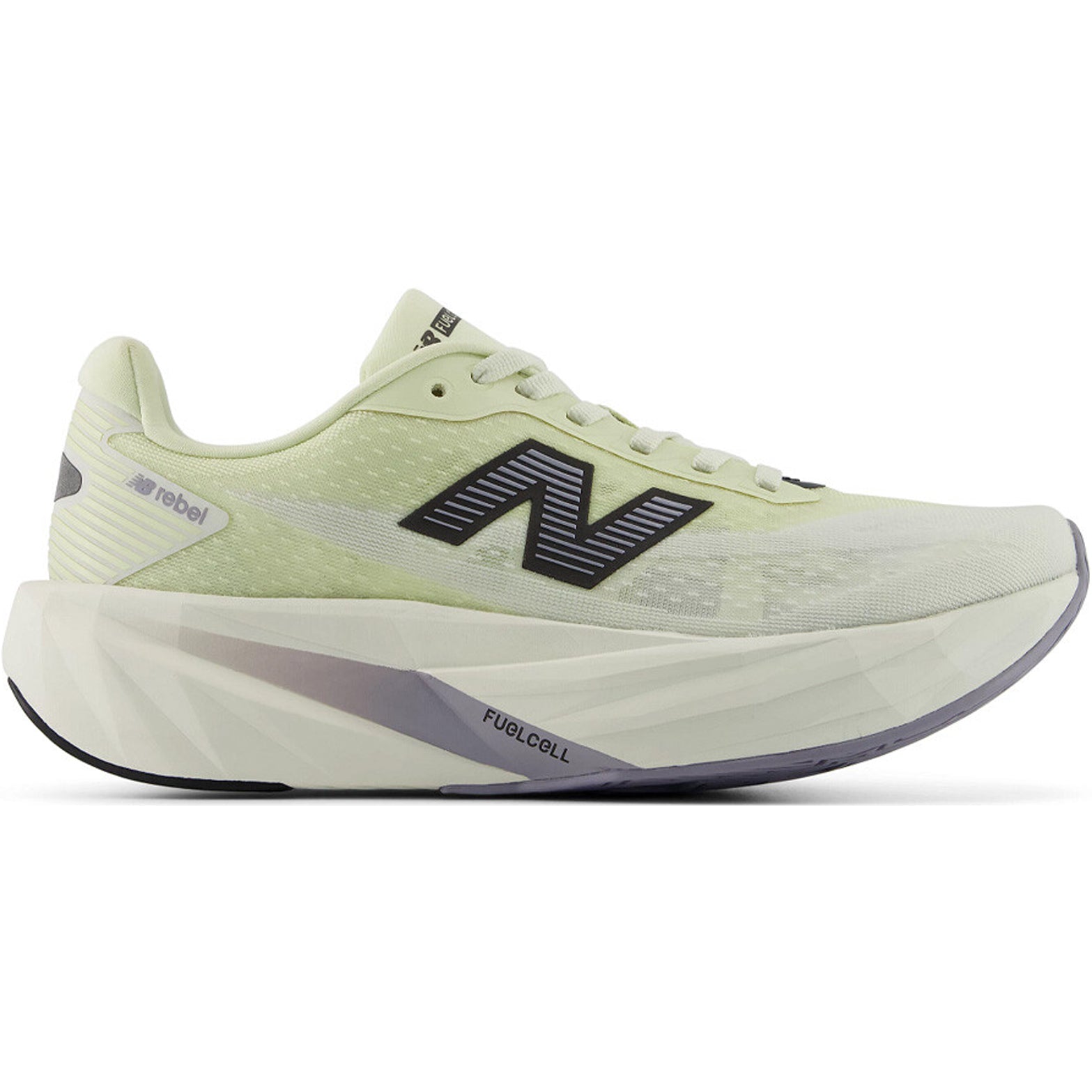 Women's New Balance FuelCell Rebel v5 Running Shoes Pistachio Butter Sea Salt outer side view showing FuelCell PEBA and EVA foam blend with geometric midsole design for propulsive energetic daily training