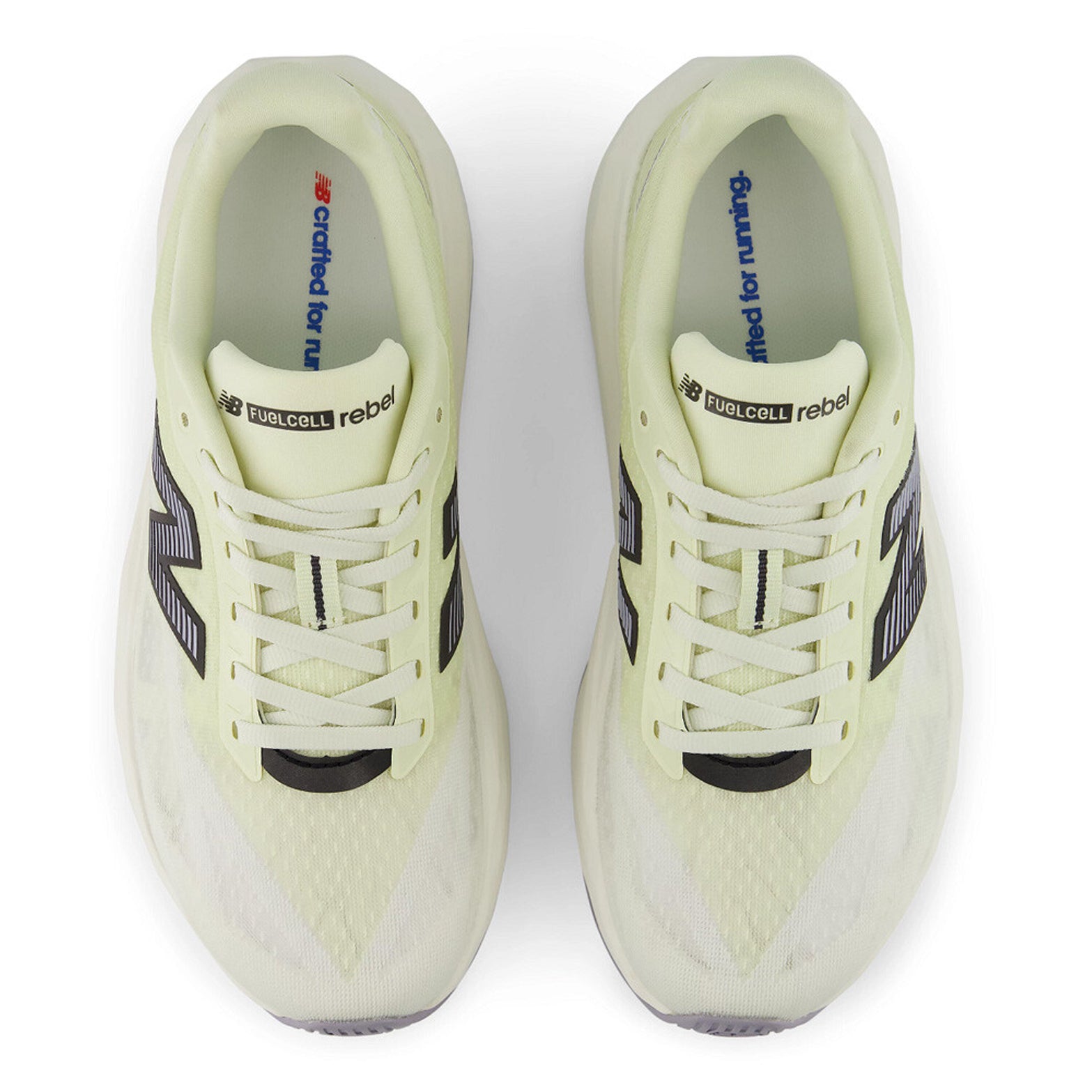 Women's New Balance FuelCell Rebel v5 Running Shoes Pistachio Butter Sea Salt top view showing streamlined race-inspired mesh upper with reflective detailing for lightweight breathable daily training