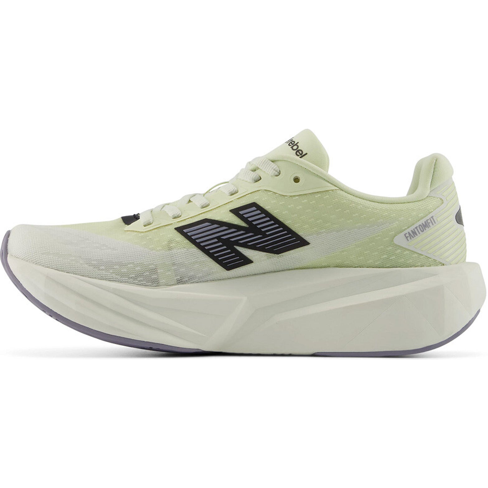 Women's New Balance FuelCell Rebel v5 Running Shoes Pistachio Butter Sea Salt inner side view showing FuelCell cushioning with redesigned heel and tongue for responsive comfortable fast-paced running