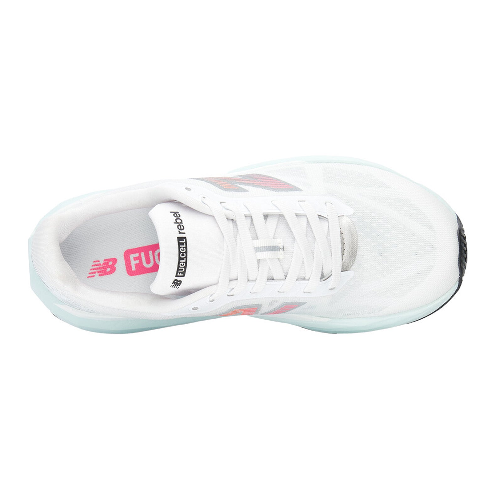 New Balance FuelCell Rebel v5 women's running shoe in White / Pink Heat / Glint Blue — top-down view showing white engineered mesh upper construction, lace closure and pink heat and glint blue accent detailing