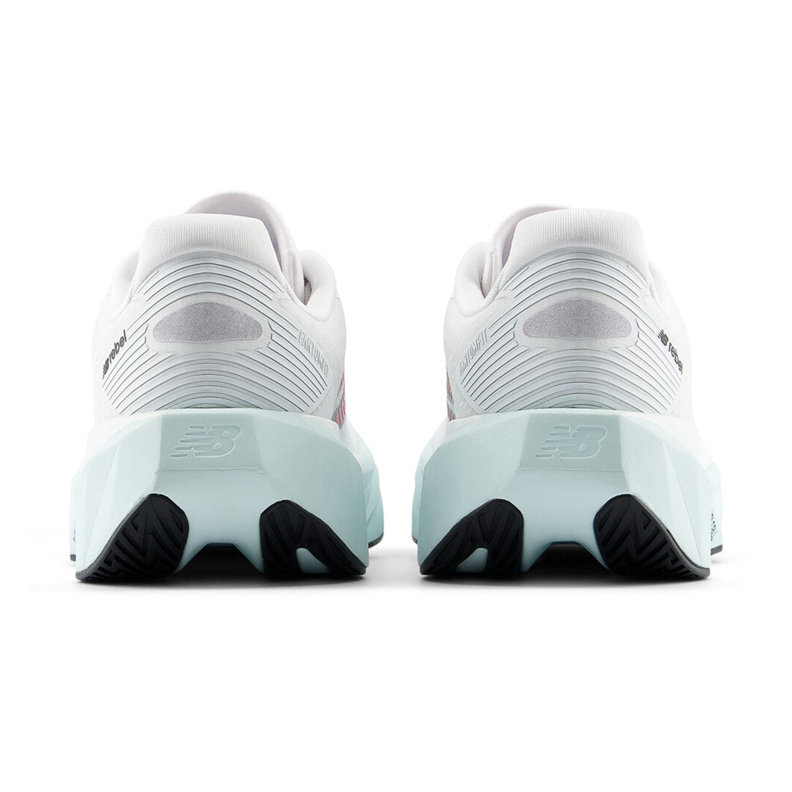 New Balance FuelCell Rebel v5 women's running shoe in White / Pink Heat / Glint Blue — heel view showing structured support construction, glint blue heel detailing and pink heat FuelCell foam midsole contrast