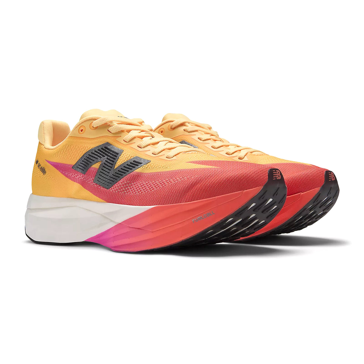 Women's New Balance FuelCell SuperComp Elite v5 Running Shoes Orange Red angled side view showing carbon fibre plate, Energy Arc propulsion system and ultra-lightweight racing construction