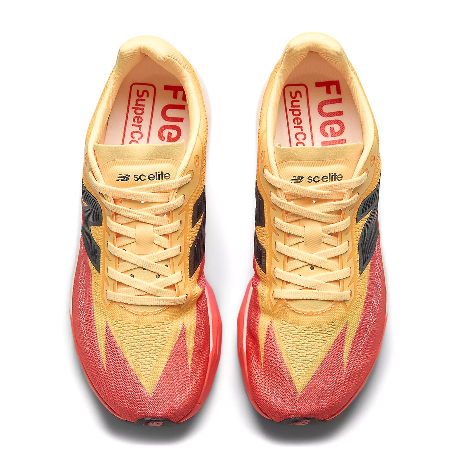 Women's New Balance FuelCell SuperComp Elite v5 Running Shoes Orange Red top view showing single-layer mesh upper with FANTOMFIT construction and secure lockdown fit