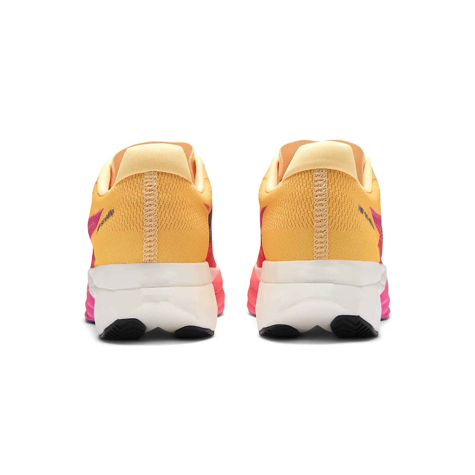 Women's New Balance FuelCell SuperComp Elite v5 Running Shoes Orange Red heel view showing 100% PEBA foam stack, Energy Arc system and engineered collar construction
