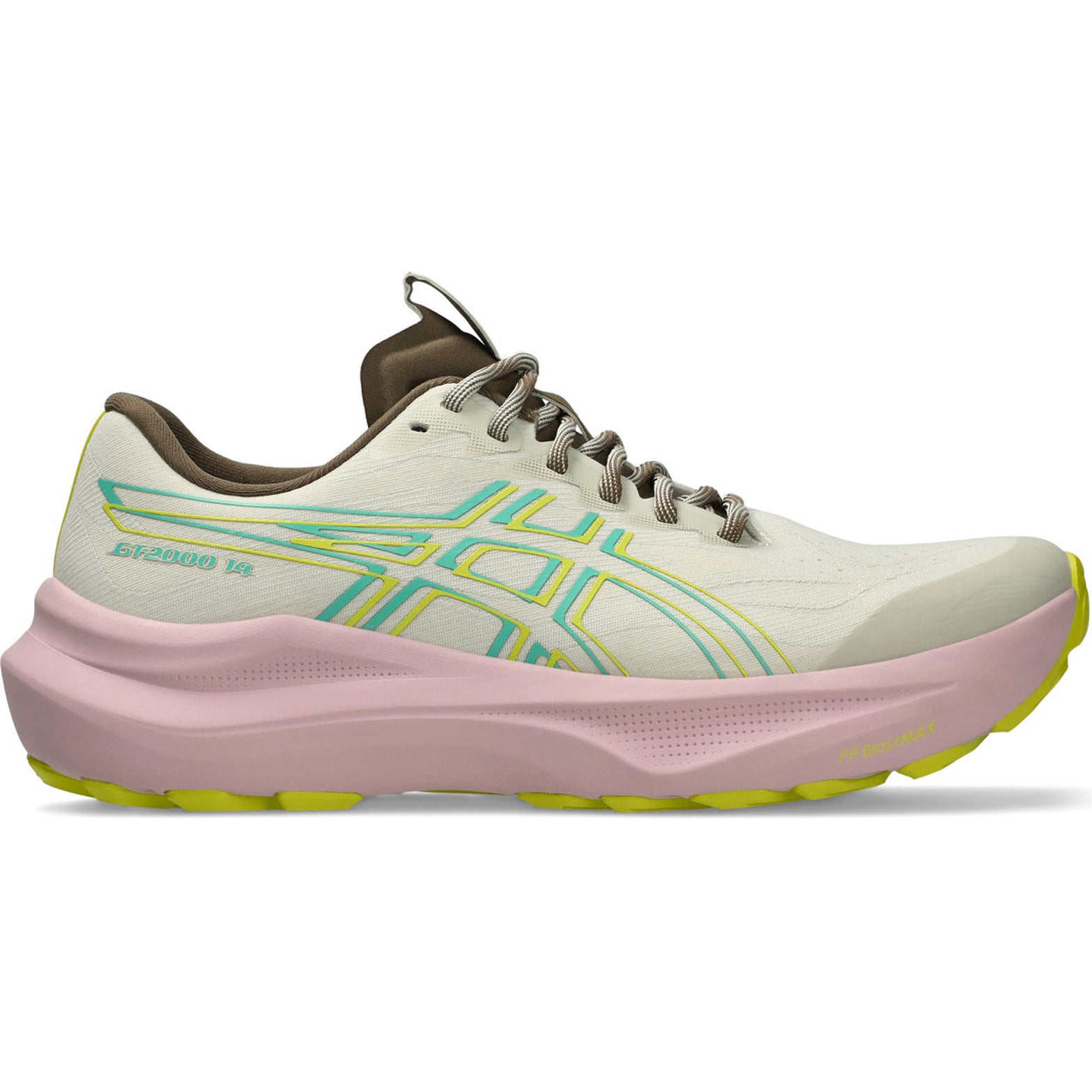 Women's ASICS GT-2000 14 TR Running Shoes Light Dust Cacti outer side view showing FF BLAST MAX midsole with 3D GUIDANCE SYSTEM and trampoline-inspired outsole pod
