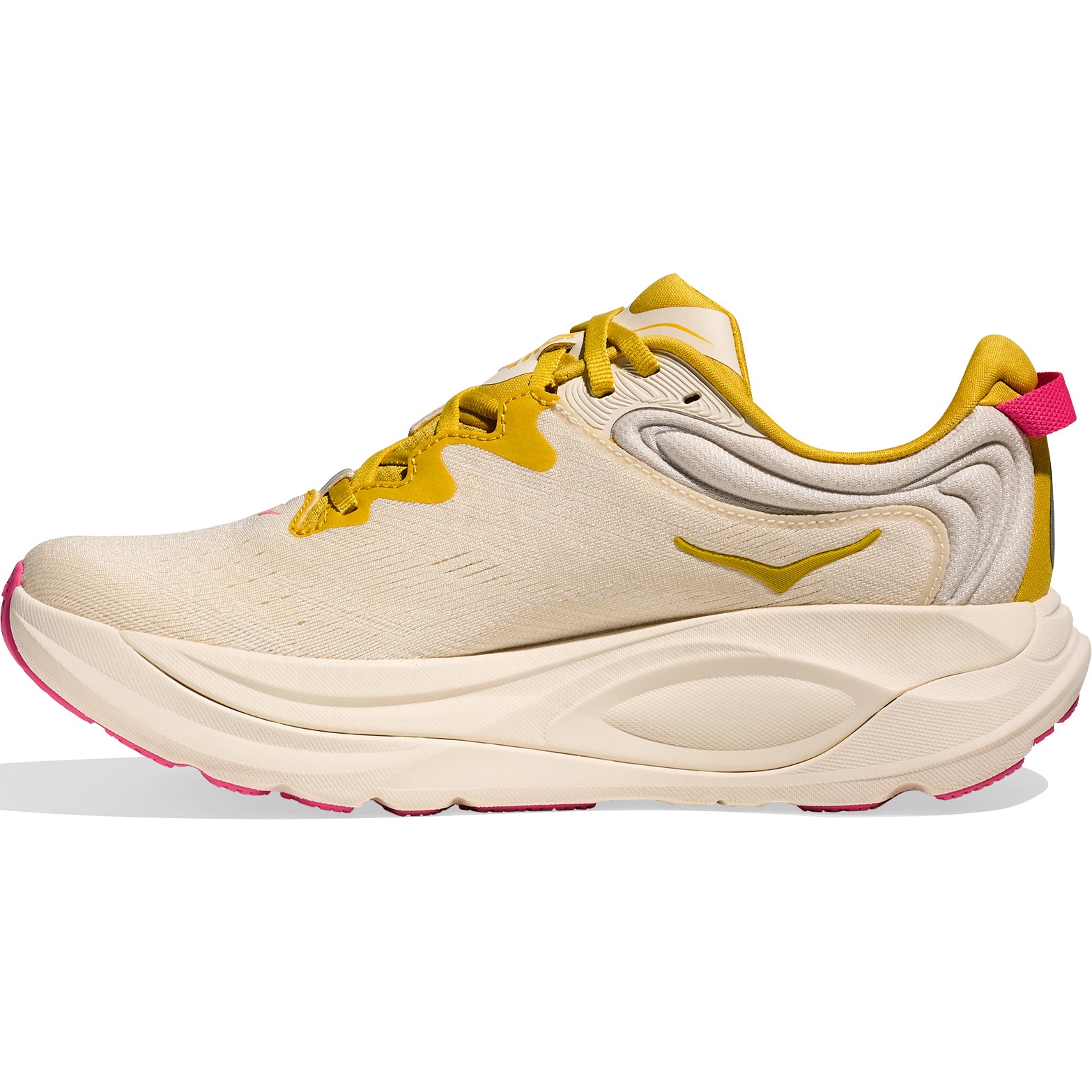 HOKA Gaviota 6 Birch Yellow Gold inner side view featuring internal ghillie lacing system and maximum stability construction for daily training