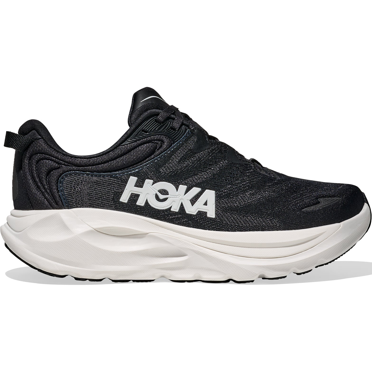 HOKA Gaviota 6 women's running shoes in Black White outer side view showing enhanced H-Frame technology and compression-moulded foam for overpronation support