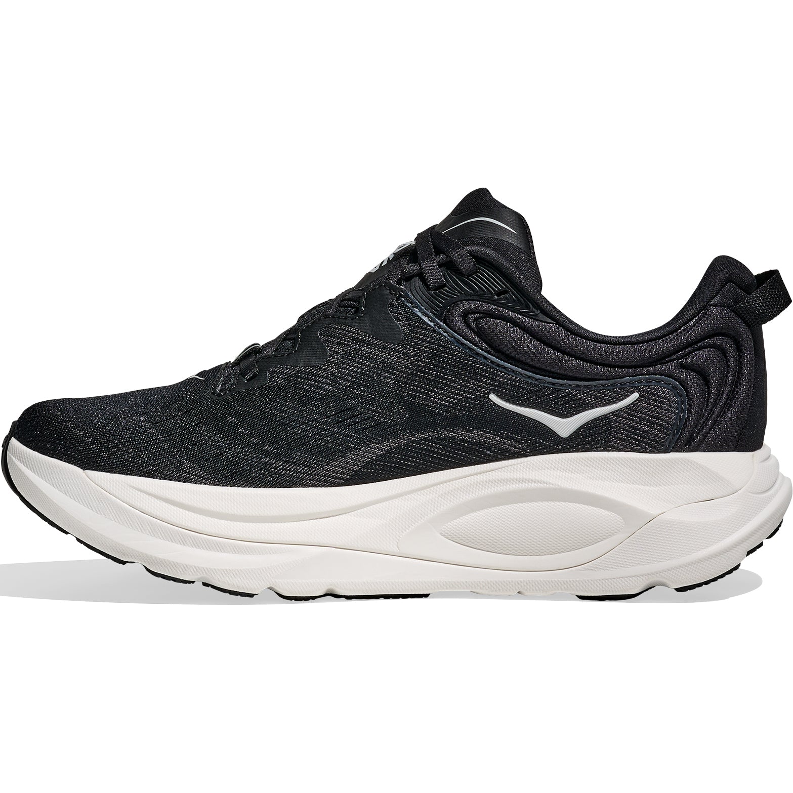 HOKA Gaviota 6 Black White inner side view featuring internal ghillie lacing system and maximum stability construction for daily training