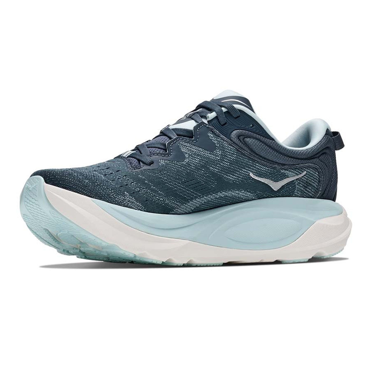 Women's HOKA Gaviota 6 Running Shoes Faded Navy Glimmering Blue inner side view showing H-Frame stability system with maximum cushioning platform for comfortable daily stability running