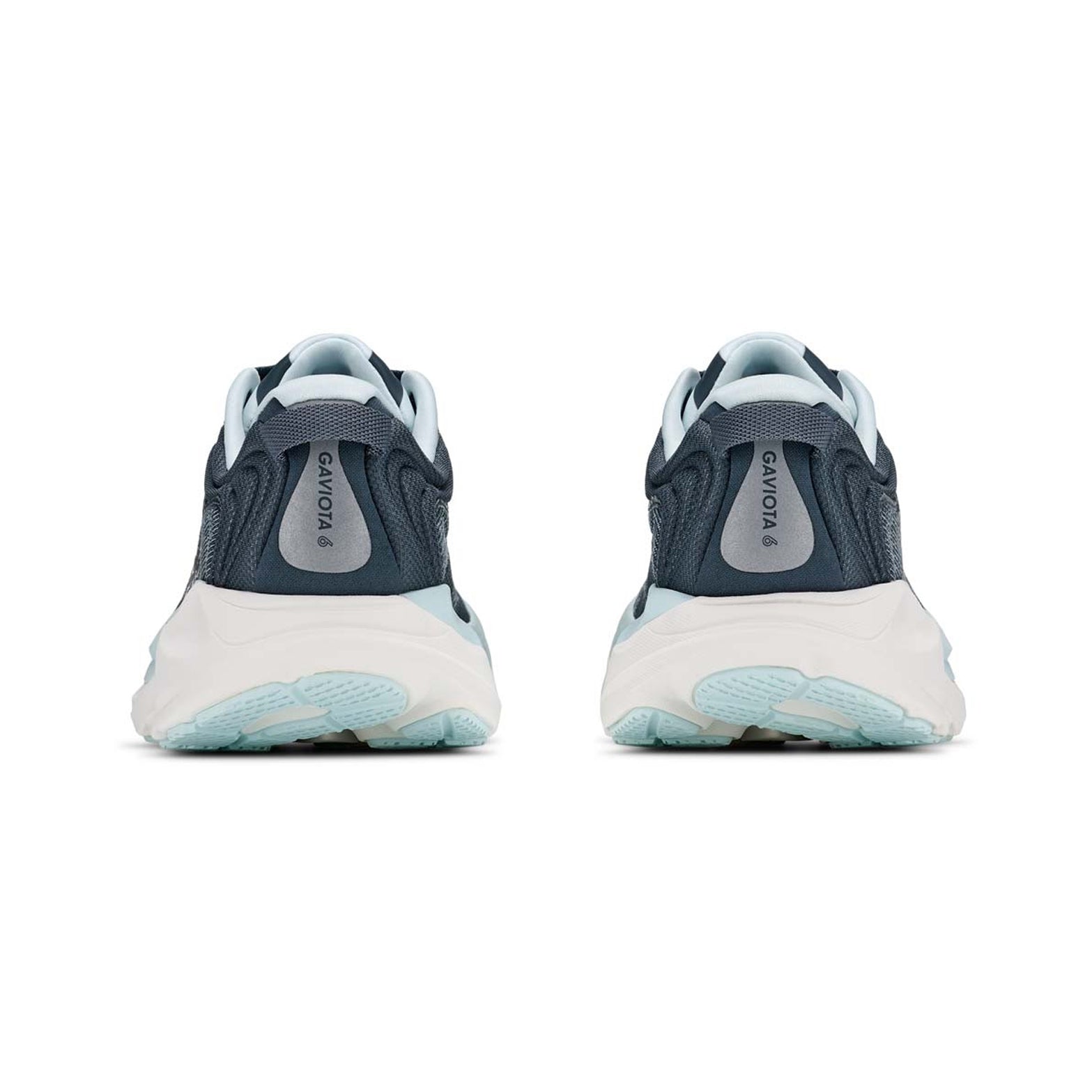 Women's HOKA Gaviota 6 Running Shoes Faded Navy Glimmering Blue heel view showing maximum cushioning stack with H-Frame stability technology for supportive comfortable daily running