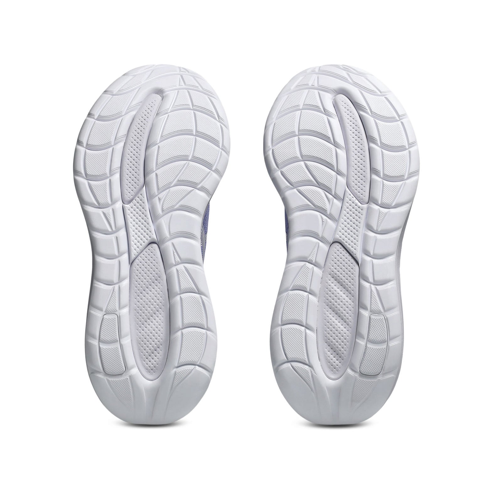 Women's Asics Gel-Cumulus 28 Running Shoes Bluebell White pair sole view displaying FLUIDRIDE outsole and AHAR LO heel plug rubber