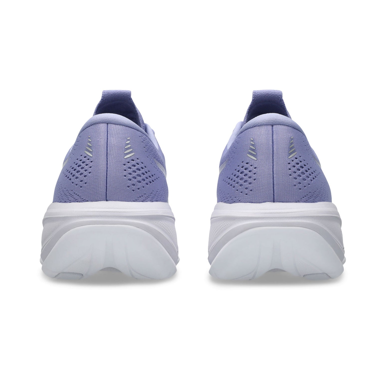 Women's Asics Gel-Cumulus 28 Running Shoes Bluebell White pair heel view showing PureGEL technology and heel bevel geometry