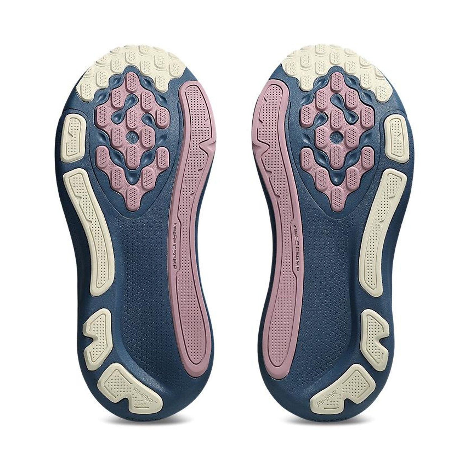 ASICS GEL-Kayano 33 women's running shoe in Grand Shark / Taro Purple — outsole view showing durable rubber tread pattern and taro purple GEL cushioning midsole stack profile