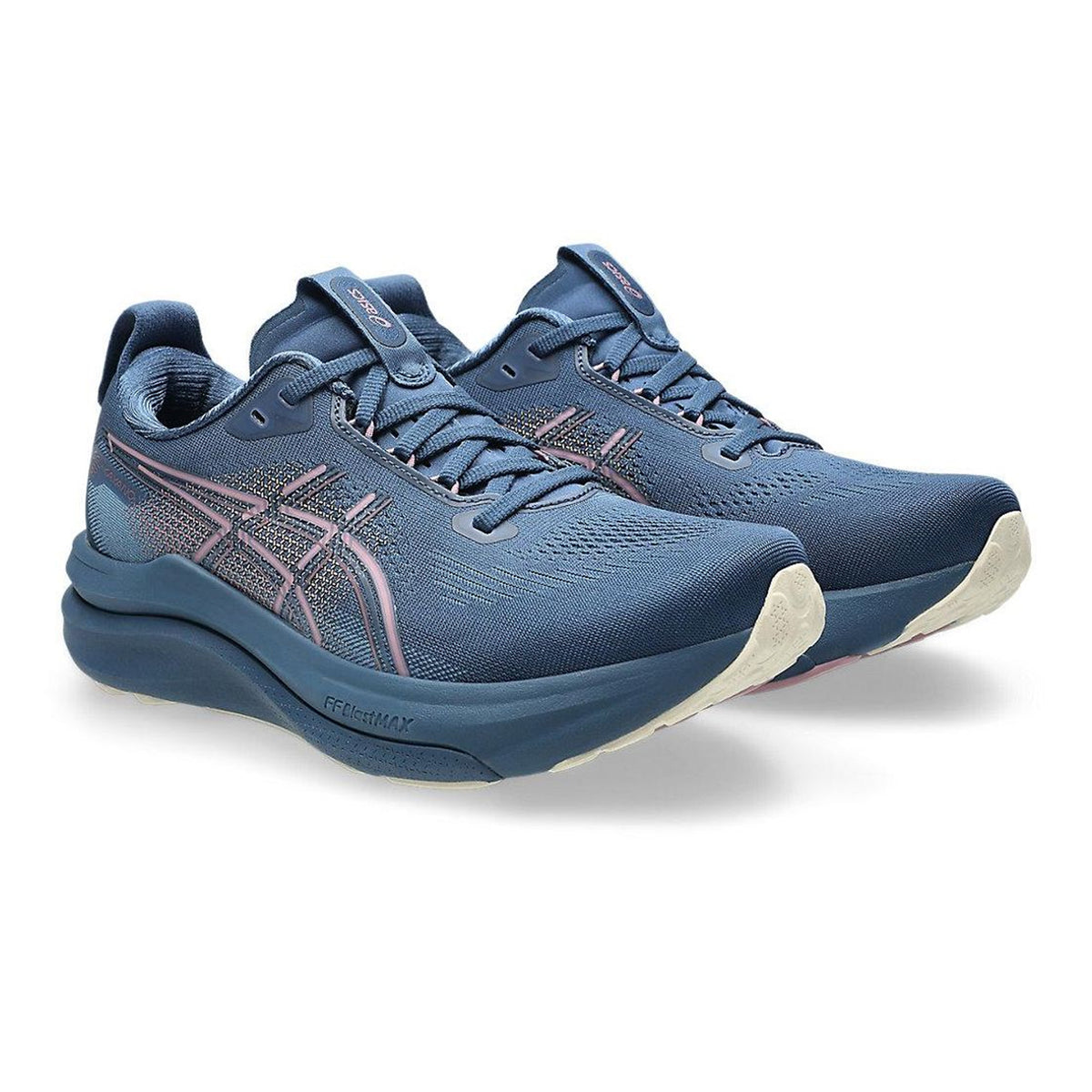 ASICS GEL-Kayano 33 women's running shoe in Grand Shark / Taro Purple — angled side view showing grand shark engineered mesh upper, dynamic support framework and taro purple GEL cushioning midsole stack