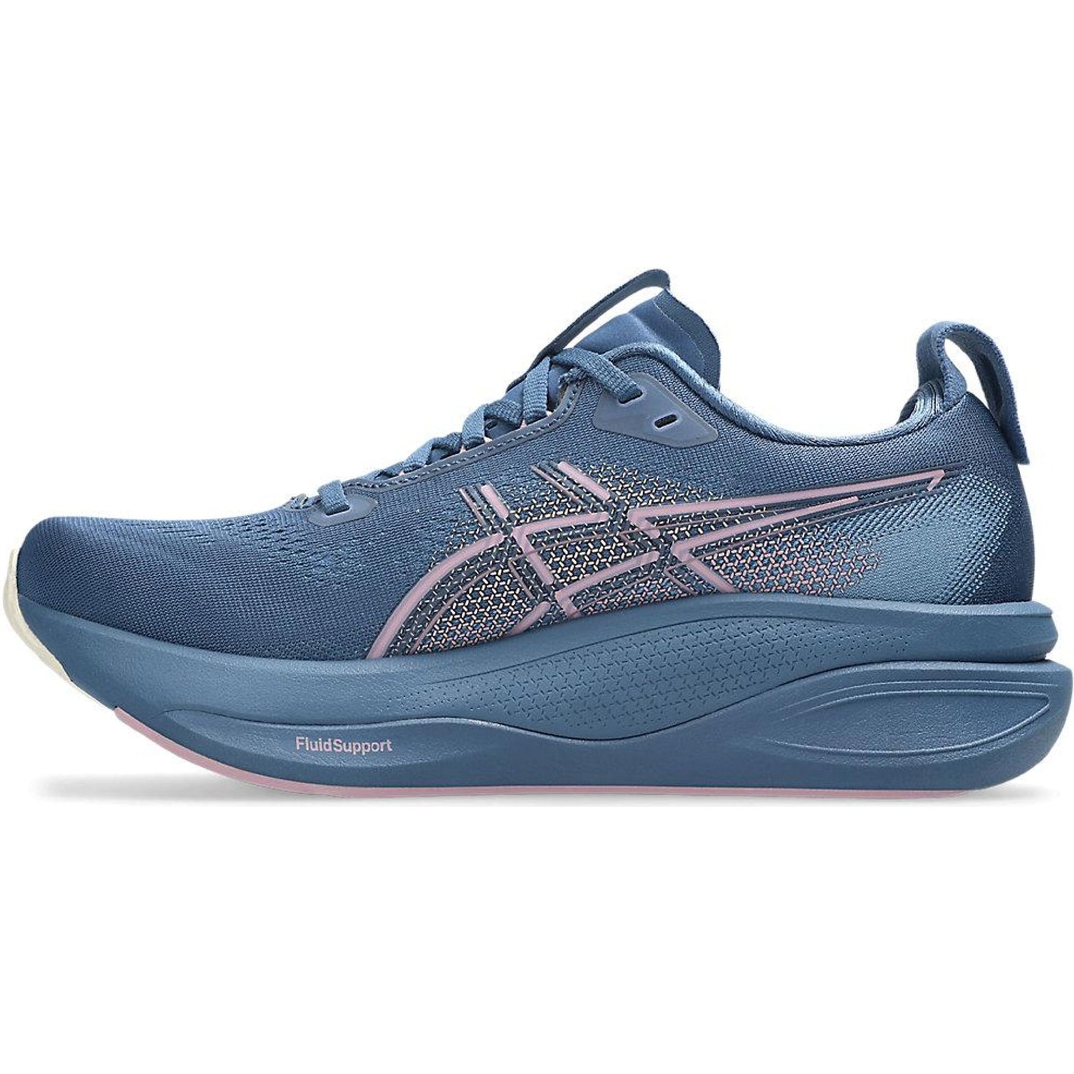ASICS GEL-Kayano 33 women's running shoe in Grand Shark / Taro Purple — inner view showing grand shark engineered mesh upper, taro purple midsole detailing, dynamic support structure and GEL cushioning foam construction