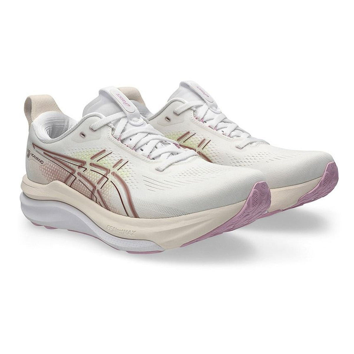 Asics GEL-Kayano 33 women's running shoe in White / Hazy Lilac — angled side view showing white engineered mesh upper, FLUIDSUPPORT guidance structure and hazy lilac dual-foam FF BLAST MAX FF BLAST PLUS midsole stack