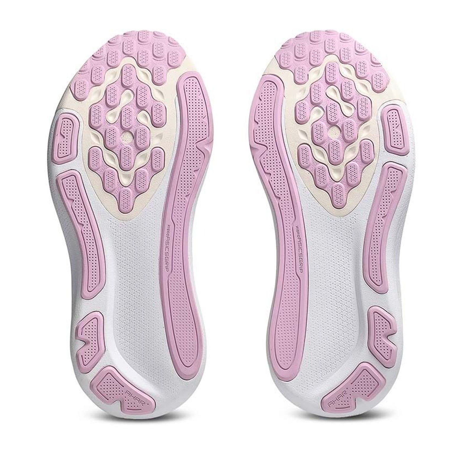 Asics GEL-Kayano 33 women's running shoe in White / Hazy Lilac — outsole view showing hybrid ASICSGrip AHARPLUS tread pattern and hazy lilac dual-foam FF BLAST MAX FF BLAST PLUS midsole stack