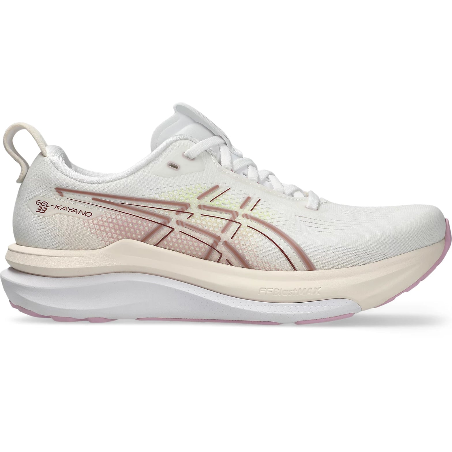Asics GEL-Kayano 33 women's running shoe in White / Hazy Lilac — outer view showing white engineered mesh upper with hazy lilac accent detailing and dual-foam FF BLAST MAX FF BLAST PLUS midsole profile
