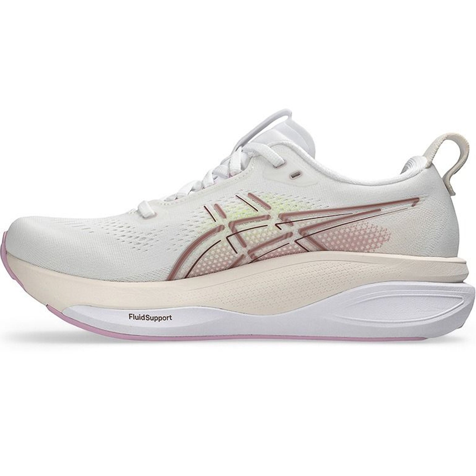 Asics GEL-Kayano 33 women's running shoe in White / Hazy Lilac — inner view showing white engineered mesh upper, hazy lilac midsole detailing, rearfoot PureGEL technology and OrthoLite sockliner construction