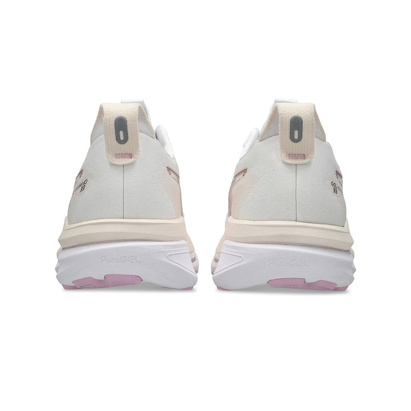 Asics GEL-Kayano 33 women's running shoe in White / Hazy Lilac — heel view showing rearfoot PureGEL technology construction, reflective detailing and hazy lilac midsole contrast