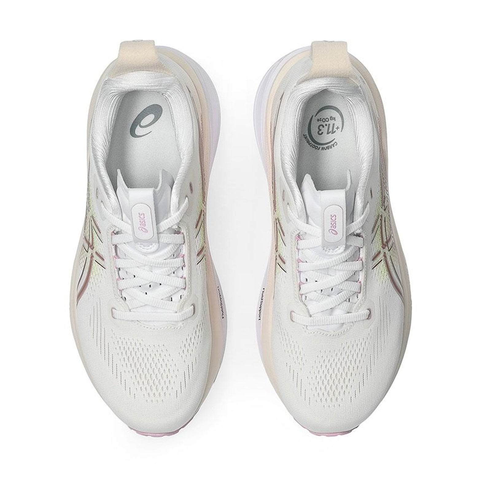 Asics GEL-Kayano 33 women's running shoe in White / Hazy Lilac — top-down view showing white engineered mesh upper construction, lace closure and hazy lilac accent detailing