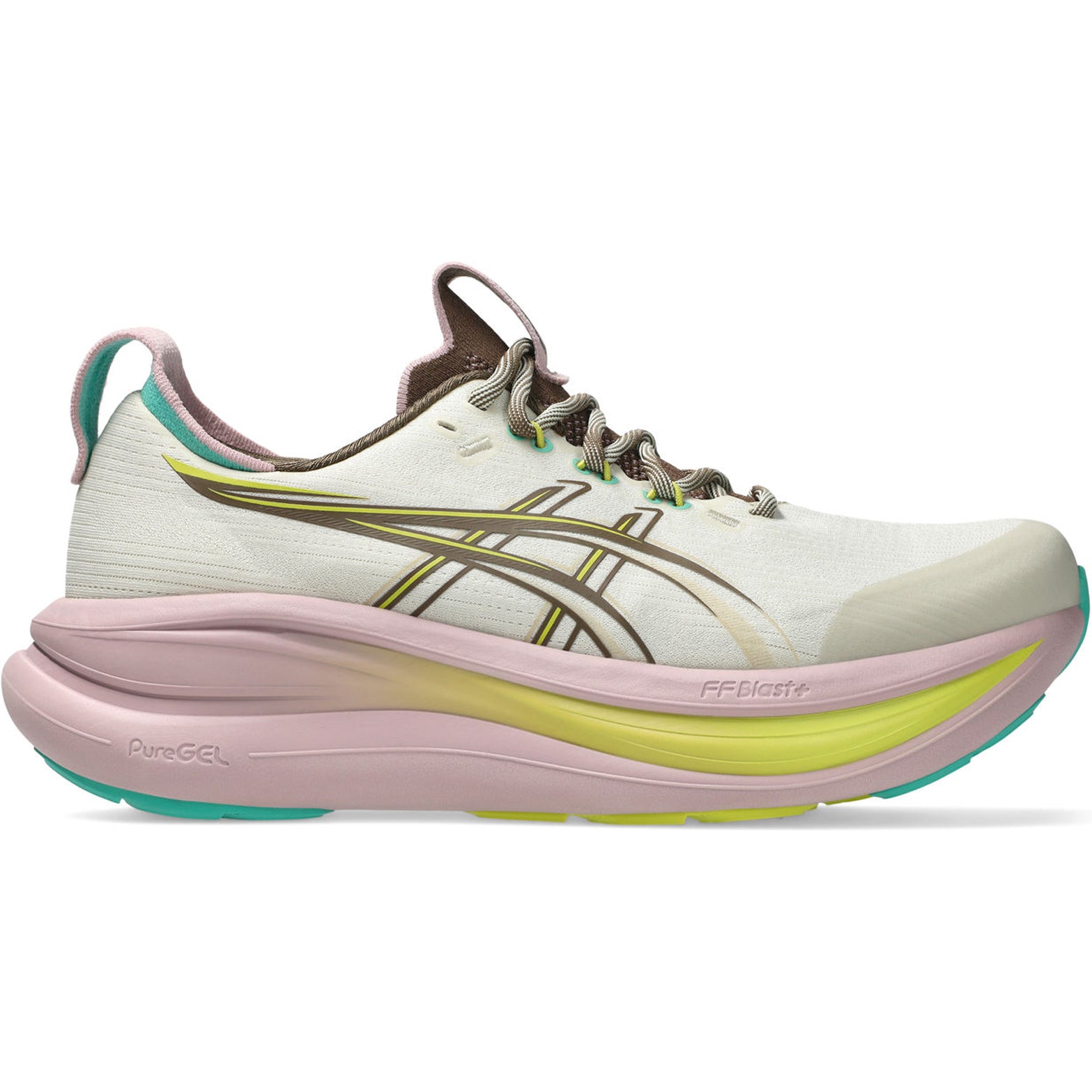 Women's ASICS Gel-Nimbus 28 TR Running Shoes Light Dust Clay Canyon outer side view showing FF BLAST PLUS midsole with PureGEL technology and ASICSGRIP outsole