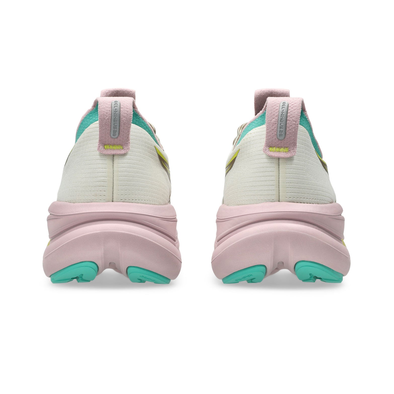Women's ASICS Gel-Nimbus 28 TR Running Shoes Light Dust Clay Canyon heel view showing FF BLAST PLUS and PureGEL technology cushioning stack