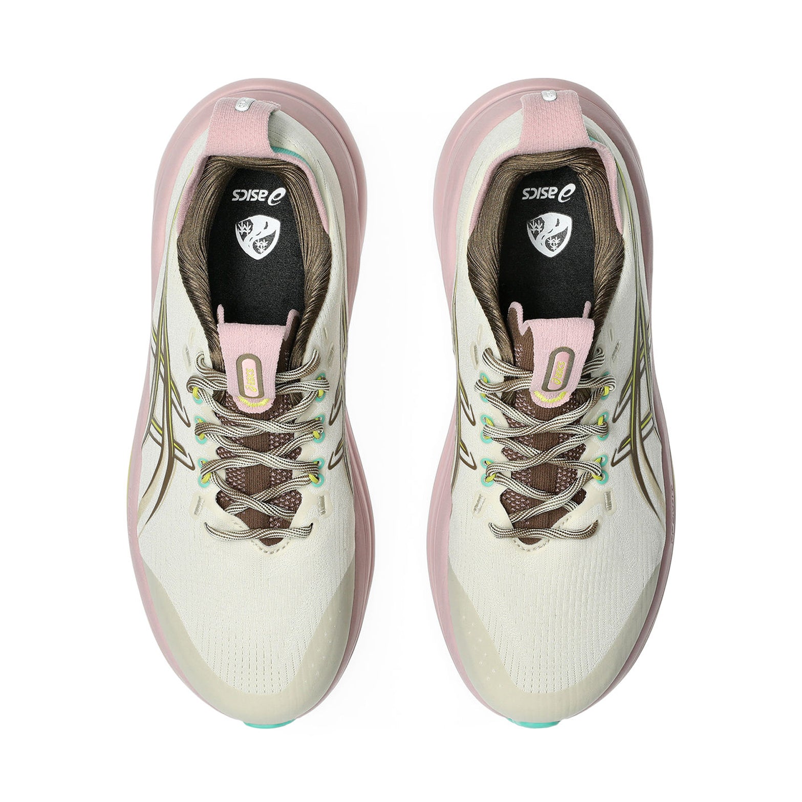 Women's ASICS Gel-Nimbus 28 TR Running Shoes Light Dust Clay Canyon top view showing lightweight engineered knit upper with reflective details and 75% recycled materials