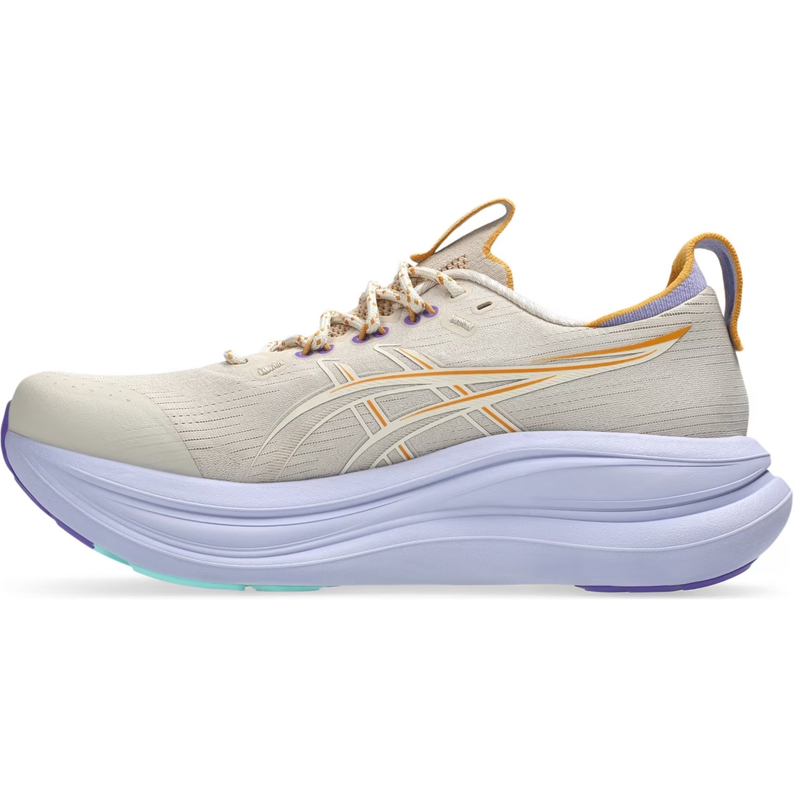 Women's ASICS Gel-Nimbus 28 TR Running Shoes Simply Taupe Fresh Air inner side view showing FF BLAST PLUS and PureGEL midsole with OrthoLite X-55 sockliner for plush cushioned mixed terrain running