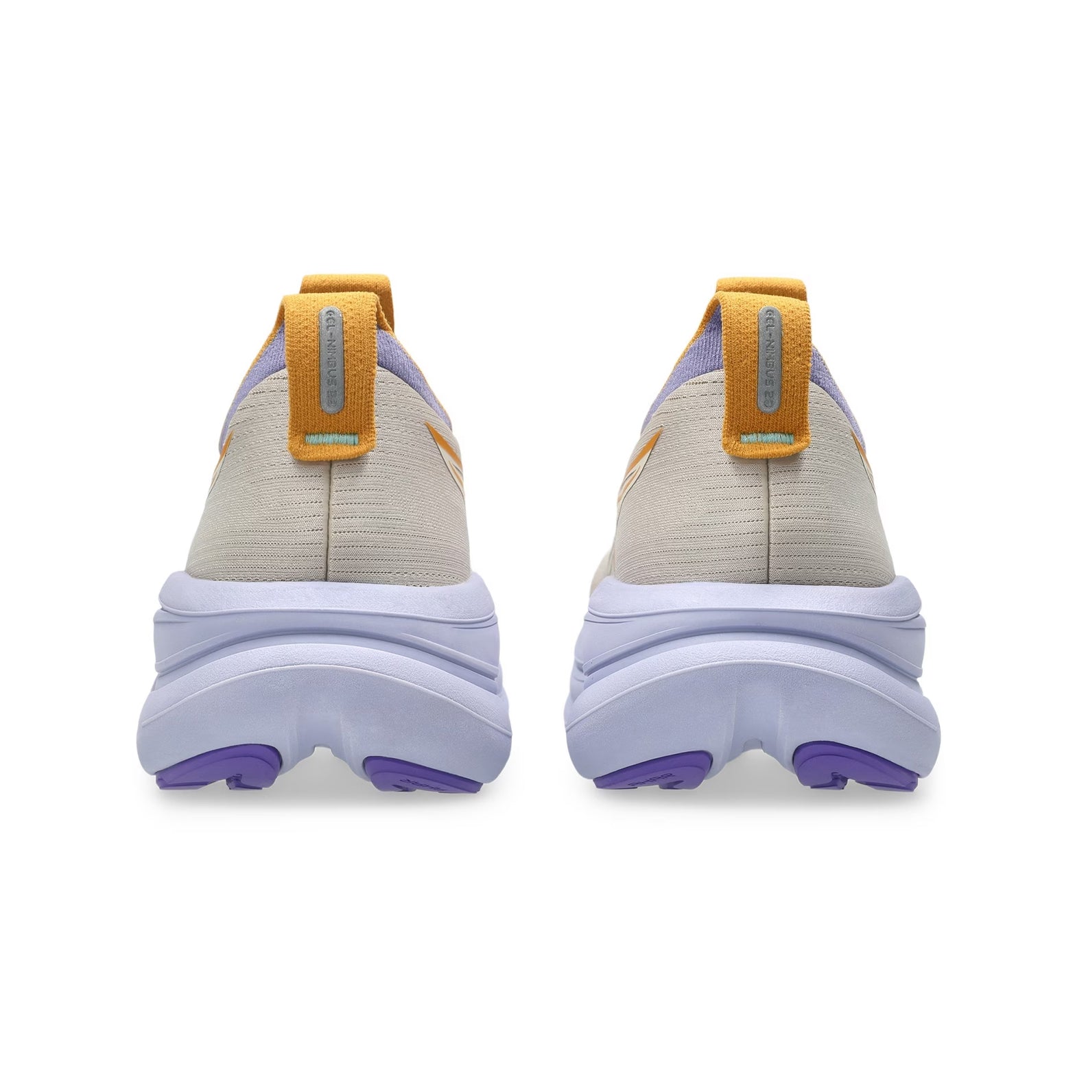 Women's ASICS Gel-Nimbus 28 TR Running Shoes Simply Taupe Fresh Air heel view showing FF BLAST PLUS cushioning with PureGEL technology for soft protective landings during long-distance mixed terrain running