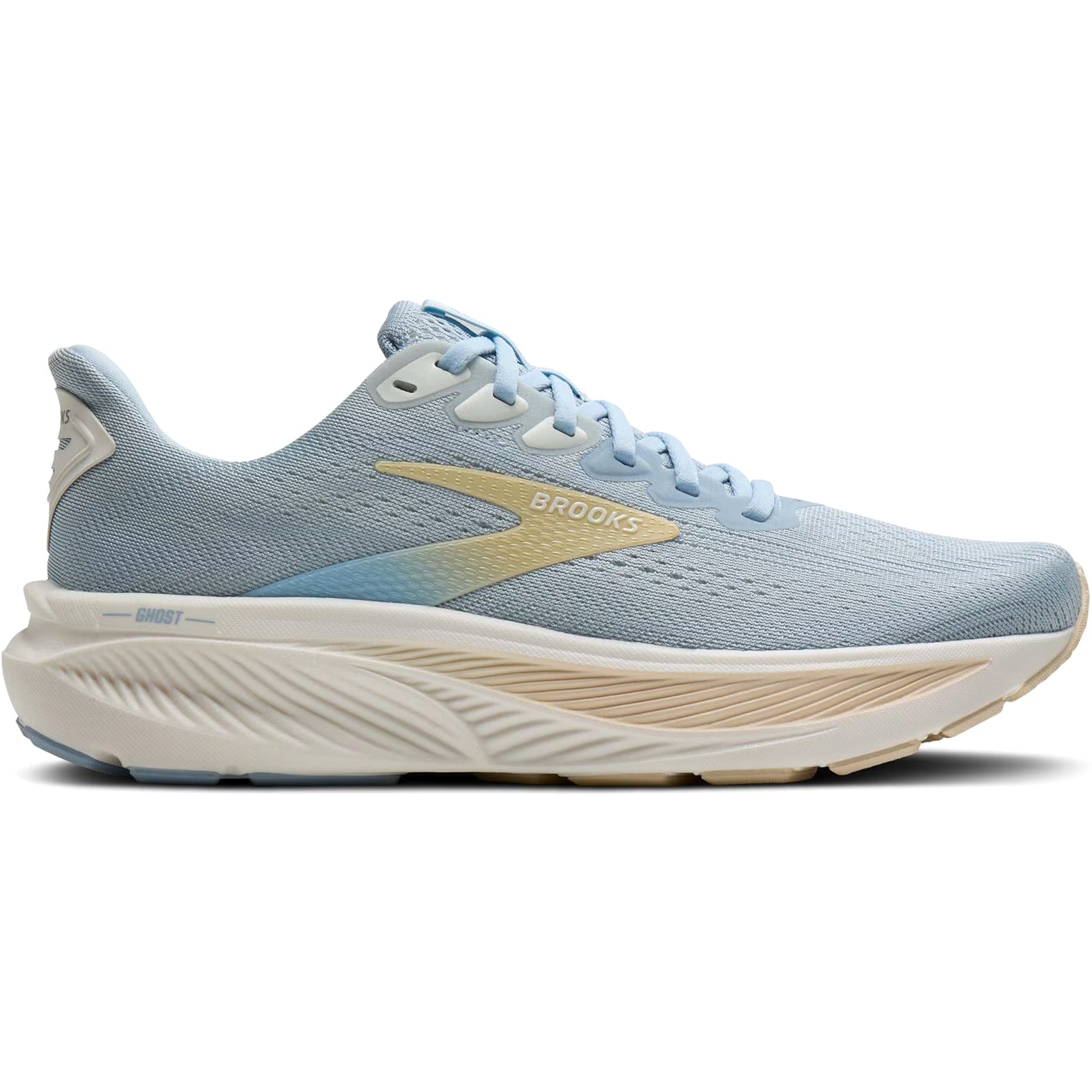 Women's Brooks Ghost 17 Running Shoes Skyway Coconut Sand outer side view showing nitrogen-infused cushioning in heel and forefoot with air mesh upper for daily neutral running