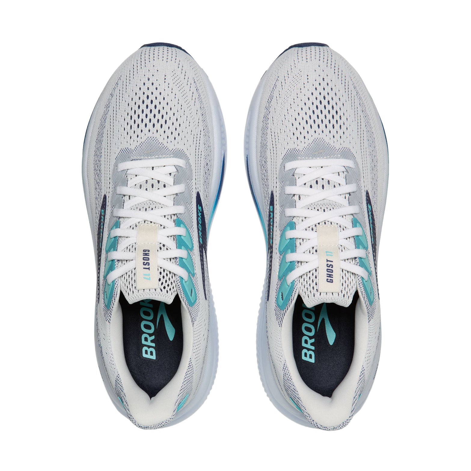 Men's Brooks Ghost 17 Running Shoes White Beacon Blue Ipanema top view showing new air mesh upper with breathability and structure for comfortable daily training
