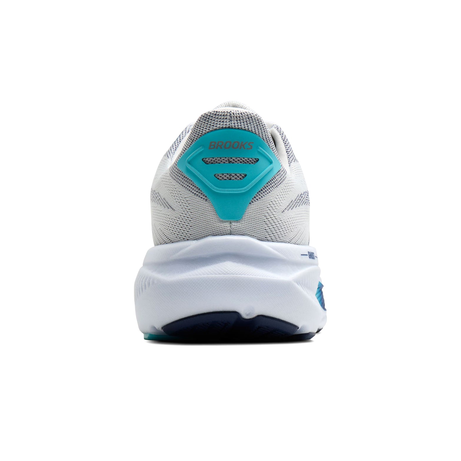 Men's Brooks Ghost 17 Running Shoes White Beacon Blue Ipanema heel view showing redesigned kickback collar with added nitrogen-infused cushioning for enhanced comfort