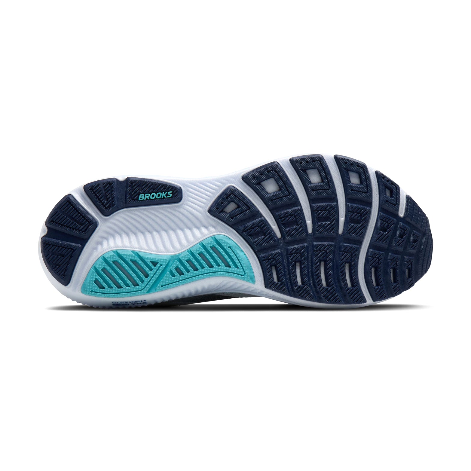 Men's Brooks Ghost 17 Running Shoes White Beacon Blue Ipanema sole view displaying flex grooves in outsole for smooth transitions and natural foot motion during everyday running