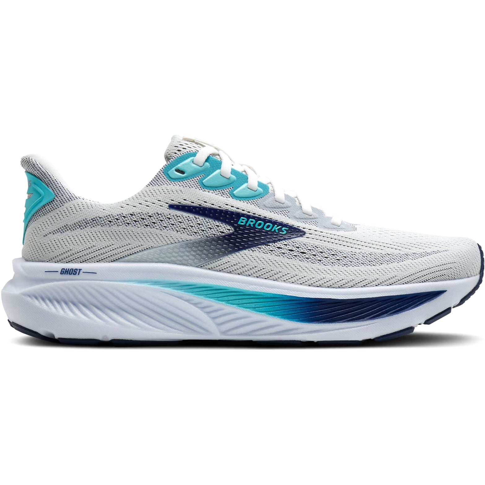 Men's Brooks Ghost 17 Running Shoes White Beacon Blue Ipanema outer side view showing nitrogen-infused cushioning in heel and forefoot with air mesh upper for daily neutral running