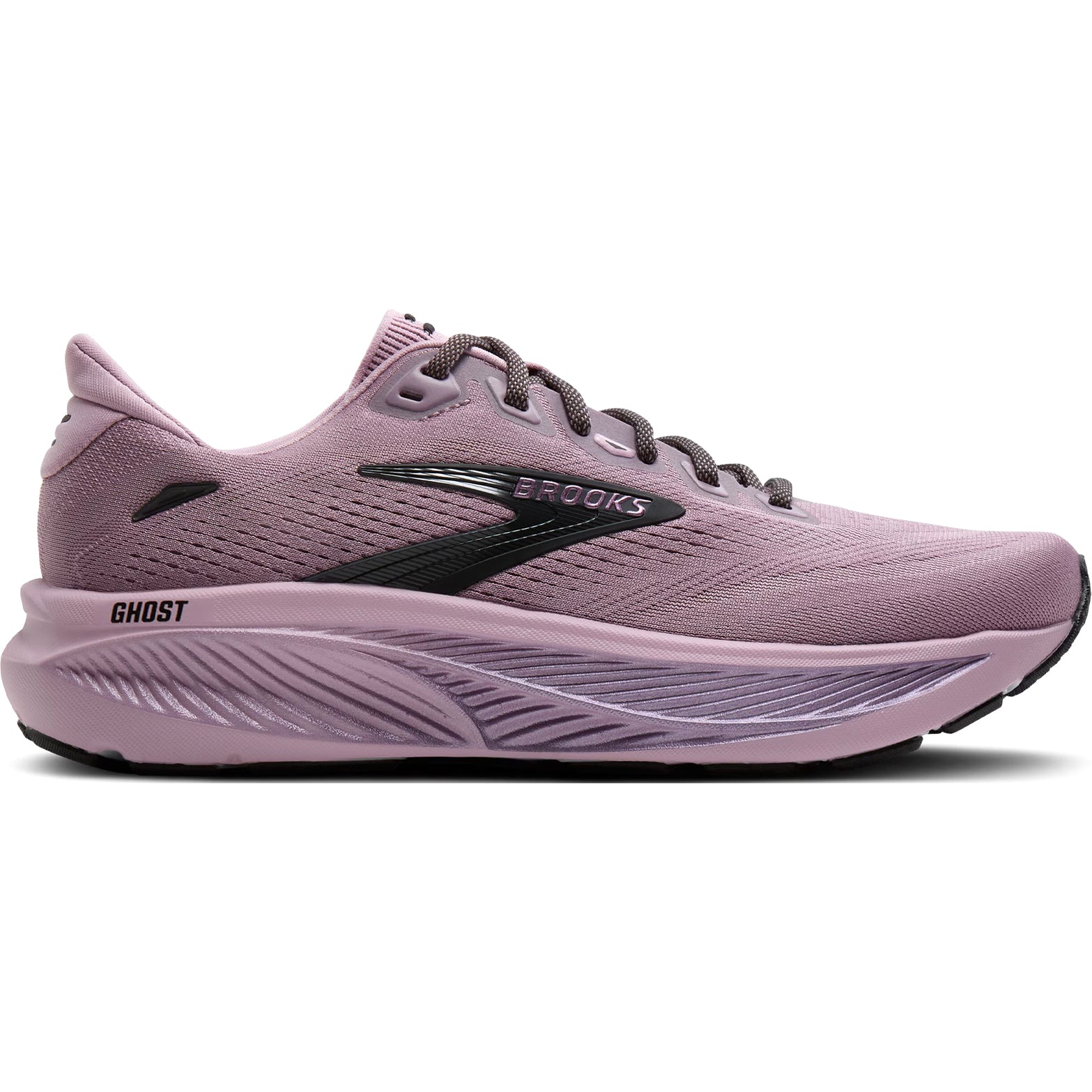 Brooks Ghost 18 women's running shoe in Elderberry / Black — outer view showing elderberry engineered mesh upper with black accent detailing and DNA LOFT v2 cushioning midsole profile