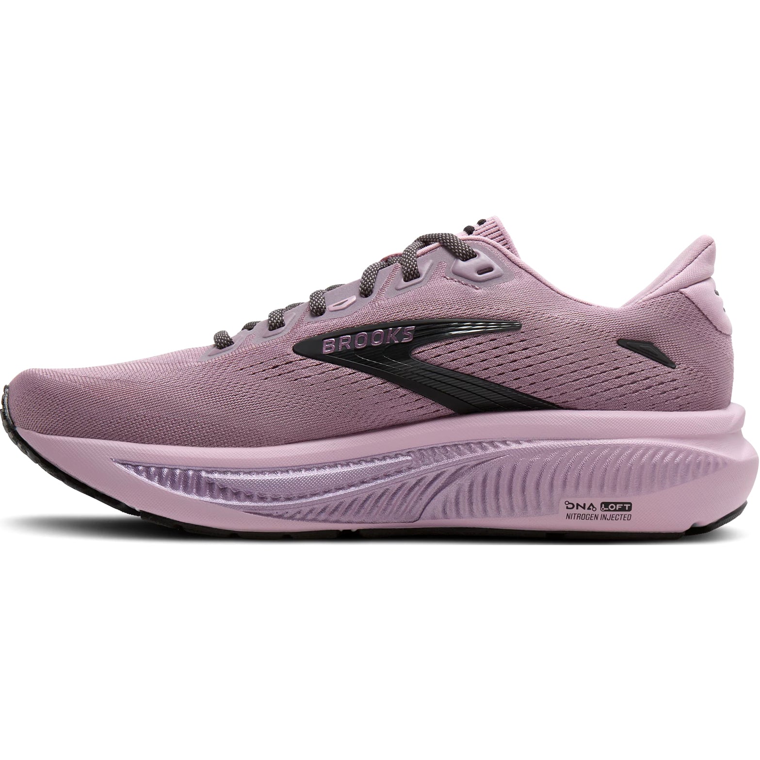 Brooks Ghost 18 women's running shoe in Elderberry / Black — inner view showing elderberry engineered mesh upper, black midsole detailing, smooth midfoot transition and DNA LOFT v2 cushioning construction