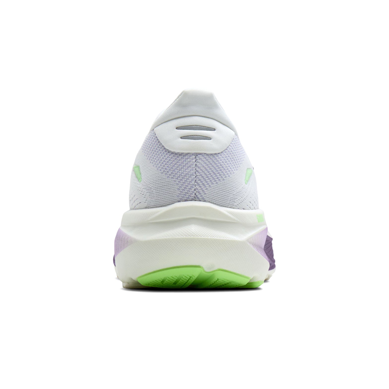 Brooks Ghost 18 women's running shoe in White / Purple Hebe / Green — heel view showing soft flat-knit tongue construction, reflective heel detailing and purple hebe DNA LOFT v3 foam midsole contrast