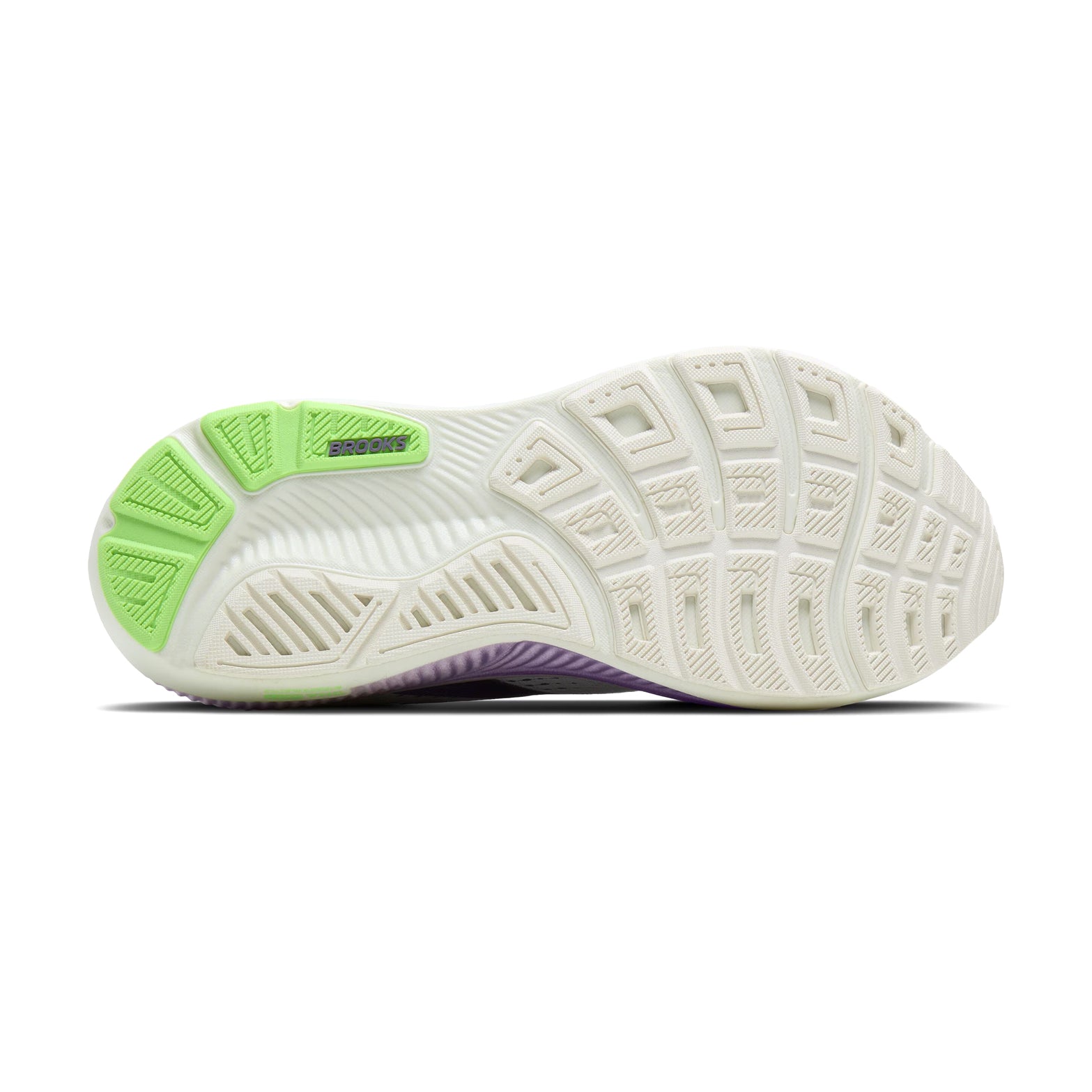 Brooks Ghost 18 women's running shoe in White / Purple Hebe / Green — outsole view showing RoadTack rubber tread pattern with recycled silica and purple hebe DNA LOFT v3 foam midsole stack with segmented crash pad profile